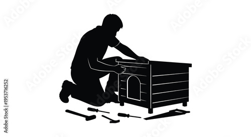A man is constructing a wooden dog house kneeling and using tools depicted in a striking silhouette high quality professional detailed