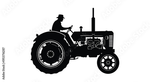 A black silhouette depicts a farmer operating a vintage tractor in a field showcasing rural life silhouette high quality professional detailed
