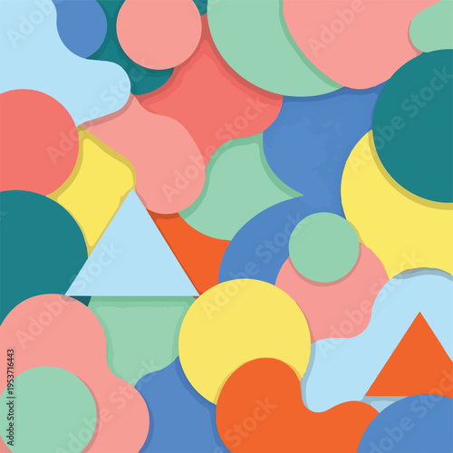 A vibrant abstract pattern featuring overlapping shapes in various colors