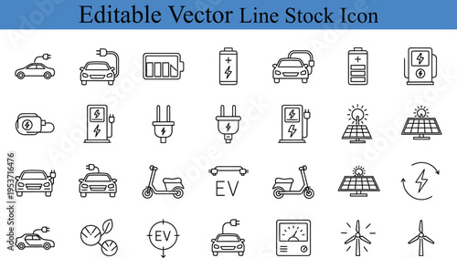 Electric vehicle icons: car, scooter, charger, battery, solar