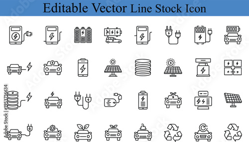 Electric car and energy icons vector set with solar panel