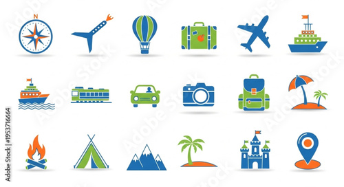 Colorful Travel and Tourism Icon Set Representing Various Aspects of Travel.