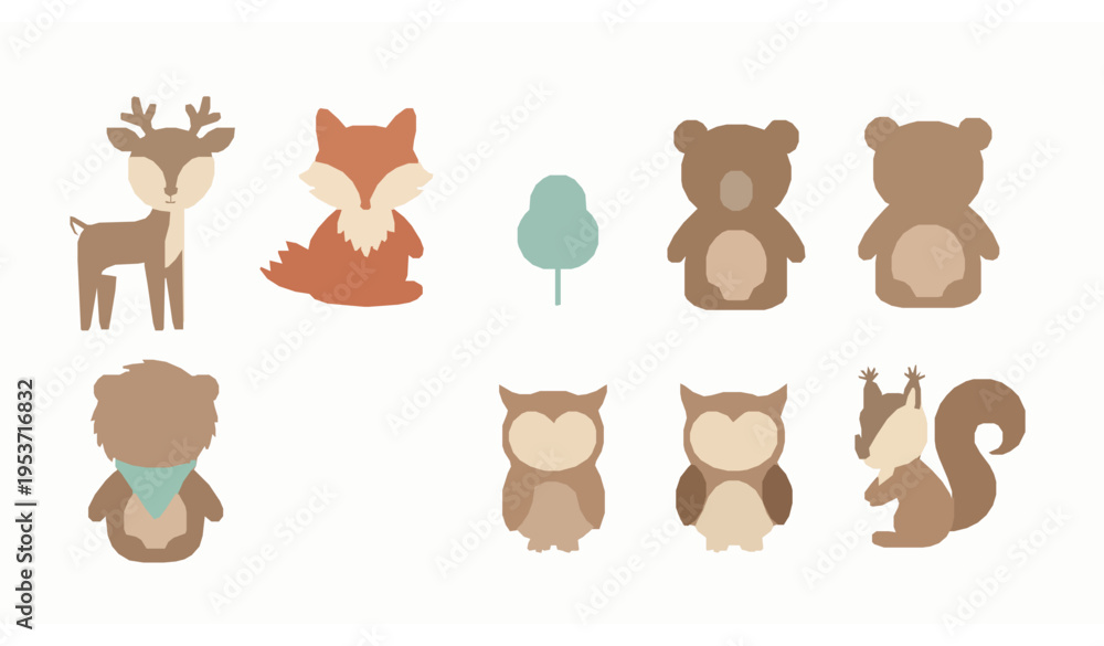 Fototapeta premium Minimal Cute Woodland Animal Set Baby Nursery Cartoon Vector Illustration