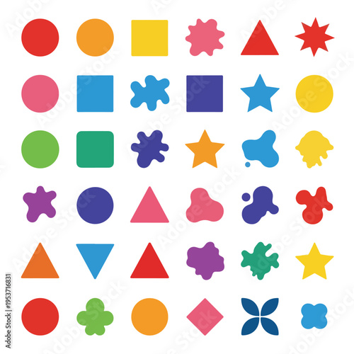 A vibrant, colorful arrangement of various shapes and forms on a white background