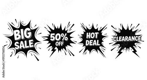 Four black speech bubbles with sale text and radial burst designs a striking silhouette high quality professional detailed modern elegant stylish
