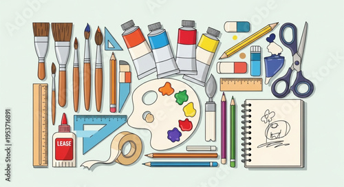 Art Supplies Collection - Brushes, Paints, Palette, and Sketchbook.