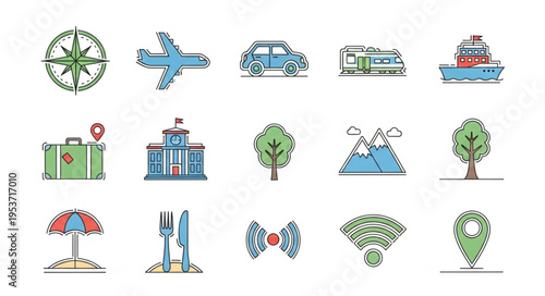 Collection of Travel and Tourism Icons in Colorful Design.