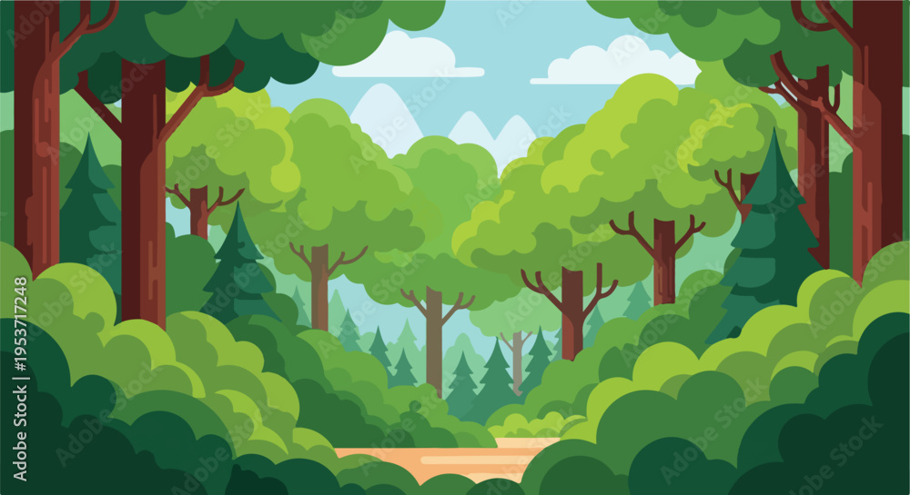 Fototapeta premium A vibrant flat illustration of a lush green forest landscape