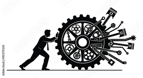 A businessman struggles to push a large gear mechanism symbolizing effort and industrial progress silhouette high quality professional detailed modern elegant
