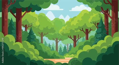 A vibrant flat illustration of a lush green forest landscape