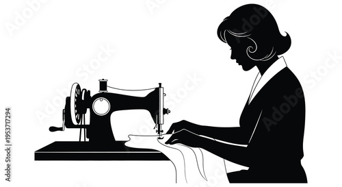 A vintage style depiction of a woman operating a sewing machine rendered as a striking black silhouette high quality professional detailed modern
