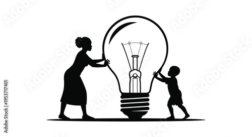 A mother and child collaboratively push a large lightbulb symbolizing shared ideas and innovation silhouette high quality professional detailed modern elegant