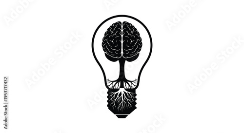 A black silhouette of a brain within a lightbulb representing growth and ideas with roots extending downwards silhouette high quality professional