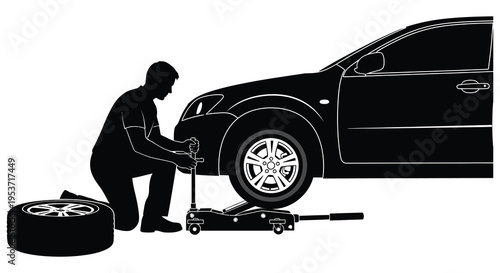 A man changes a tire on a car alongside a roadside depicted in a striking black silhouette high quality professional detailed