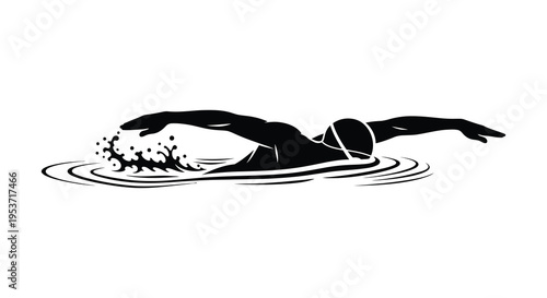 A dynamic depiction of a swimmer in motion captured as a striking black shape against a white background silhouette high quality