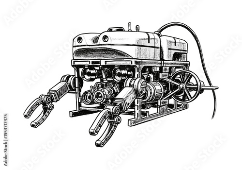 Detailed illustration of a remotely operated underwater vehicle with robotic arms and a winch