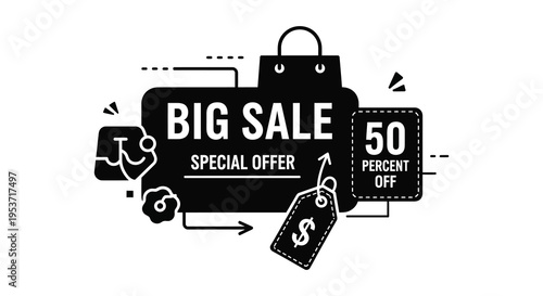 A black sale banner advertises a 50 percent discount with shopping bag and price tag elements silhouette high quality professional detailed