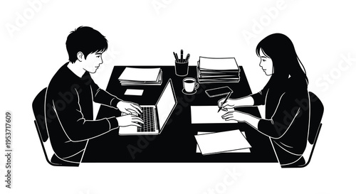 Two young professionals collaborate at a desk focused on work with laptops and papers a striking silhouette high quality professional detailed