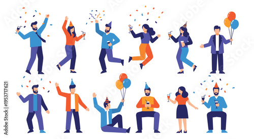 Joyful people celebrating with confetti and balloons, dancing and toasting