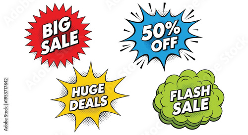 Colorful comic book style speech bubbles announce big sales and discounts with dramatic bursts a striking silhouette high quality professional detailed
