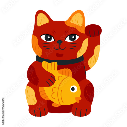 Lucky cat, Maneki neko with golden fish. Japanese figurine, cute cartoon Asian character, fortune symbol. Red porcelain kitten with waving paw, symbol of money, prosperity and wealth.