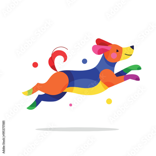 A vibrant, geometric illustration of a dog jumping happily