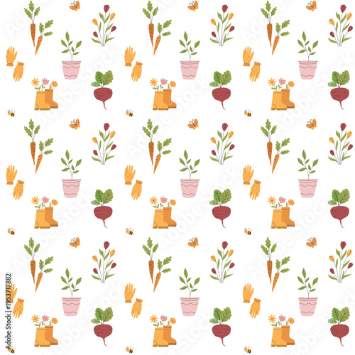 Hand drawn garden and vegetable patch seamless pattern. Vector design for spring textiles, gardening blogs and organic product packaging.
