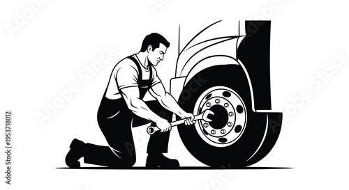 A mechanic repairs a large truck tire kneeling and using a wrench depicted in a striking silhouette high quality professional detailed