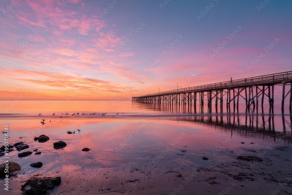 Obraz premium Silhouetted shoreline at sunset with a distant horizon and gentle waves