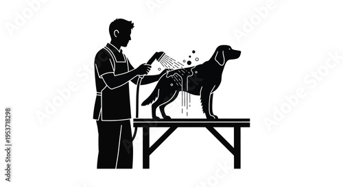 A groomer is shown washing a dog on a table in a striking black silhouette high quality professional detailed modern elegant