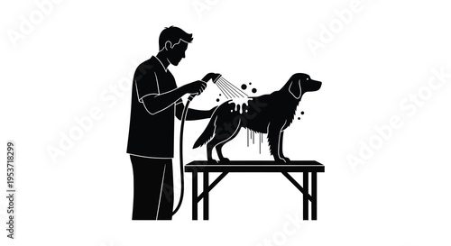 A man is washing a dog with a hose presented as a striking black graphic silhouette high quality professional detailed modern