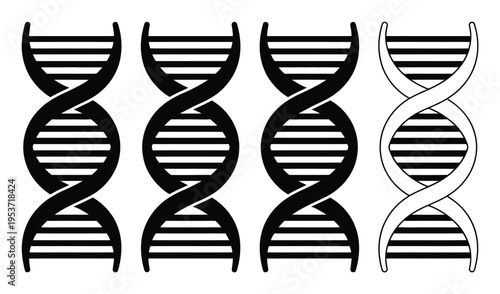 Four DNA Double Helix Icons: Three Solid Black, One Outline