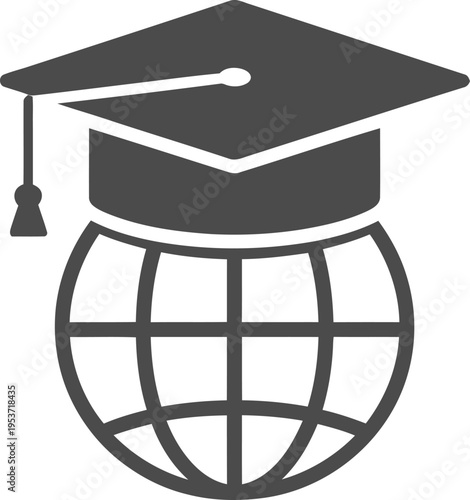 Vector icon of graduation cap on globe, education symbol