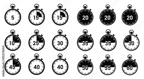 A collection of black stopwatches displaying various times arranged in a grid like pattern silhouette high quality professional detailed modern elegant stylish