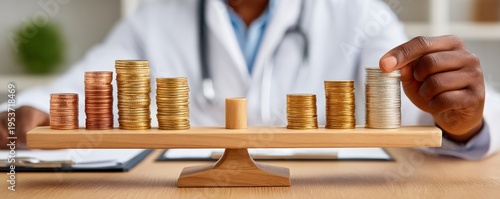 Doctor balancing stacked coins on a wooden scale to illustrate healthcare costs and financial inequality