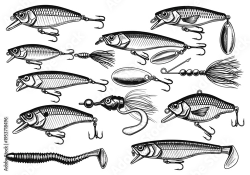 Detailed illustration of various fishing lures for anglers and hobbyists