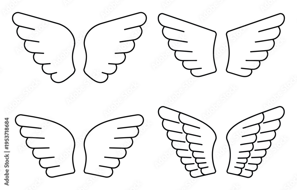 Obraz premium Collection of Four Pairs of Stylized Angel Wings, Black Outline on White
