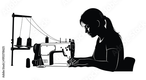 A woman intently operates a vintage sewing machine captured in a striking black silhouette high quality professional detailed modern elegant stylish