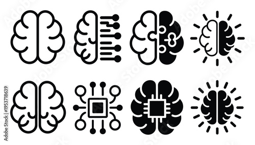 Collection of stylized brain icons representing AI, technology, and ideas