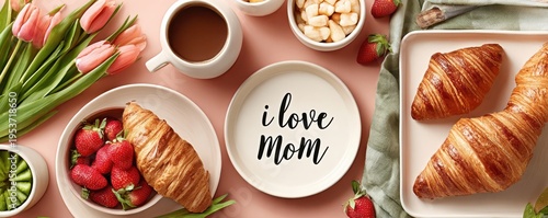 Mother's Day breakfast with croissants, tulips and strawberries on plate reading 