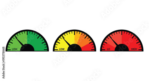 Three circular gauges displaying low medium and high levels with distinct color coding a bold silhouette high quality professional detailed