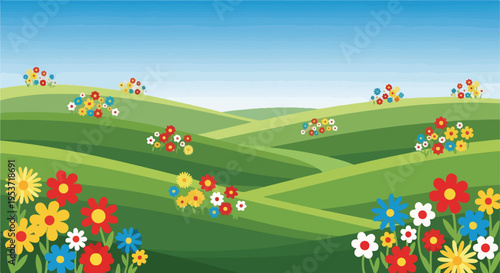 Schilderij op canvas A vibrant illustration depicts a grassy landscape filled with colorful flowers