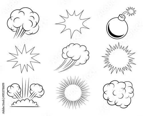 Collection of Comic Book Style Explosions, Smoke, and Bomb Icons