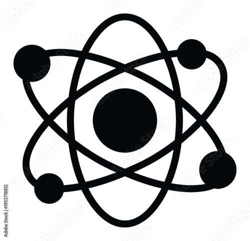Black and white icon of an atom with orbiting electrons