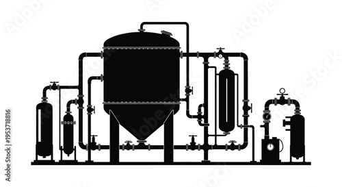 A black silhouette depicts industrial machinery including tanks pipes and valves representing a complex processing system silhouette high quality professional detailed