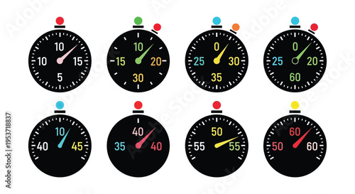 An arrangement of six circular clock faces displaying various times with colored dots above a striking silhouette high quality professional detailed