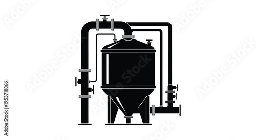 A stark black silhouette depicts industrial brewing equipment including a vessel and pipes against a white background silhouette high quality professional