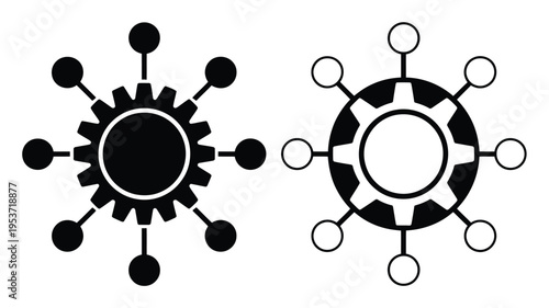 Abstract Gear Network Icons: Solid Black and Outline Versions