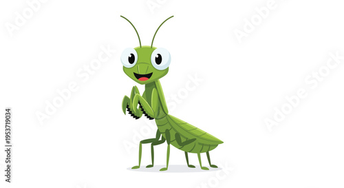 A cheerful green praying mantis character stands with hands clasped displaying a welcoming pose silhouette high quality professional detailed modern elegant