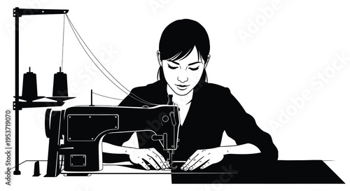 A stylized illustration depicts a woman operating a vintage sewing machine rendered as a striking silhouette high quality professional detailed modern